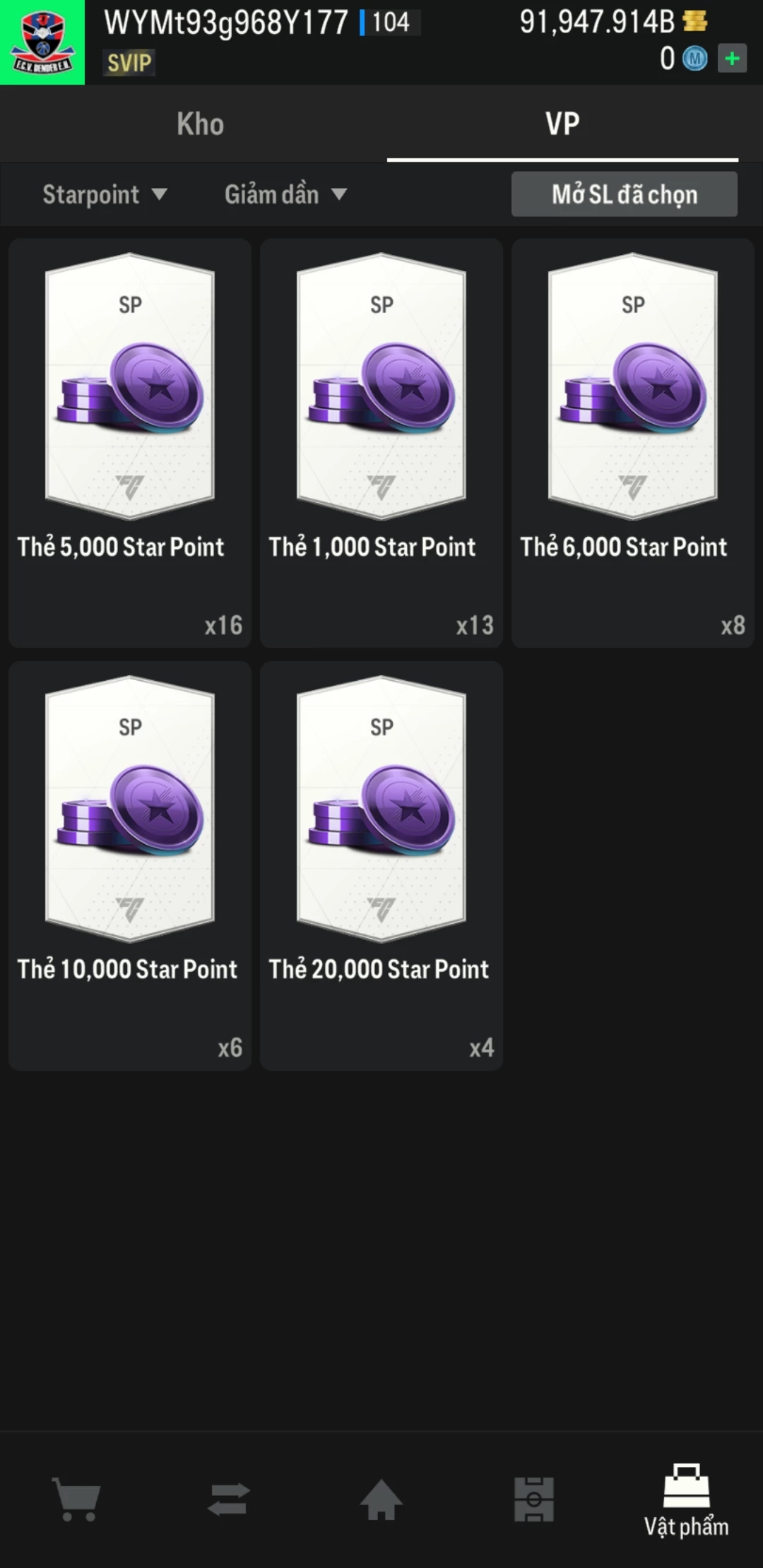 Ảnh ACC mở thẻ (LOẠI SUPER VIP) bao gồm có hơn 900+ đến 1100+ thẻ cầu thủ từ Siêu sao đến Miền núi các loại (ngẫu nhiên có: 01 thẻ +12 và 03 thẻ PRIME QH, XS, CP...) Acc có sẵn BP trắng từ 80.000 tỷ BP đến 120.000 tỷ BP kèm theo nhiều ngày SVIP